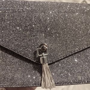 Sparkly blue-gray evening clutch on silver chain - BRAND NEW